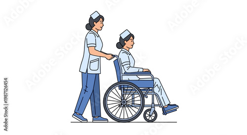 Vector illustration of a nurse pushing a patient in a wheelchair, representing care and mobility for elderly or disabled individuals