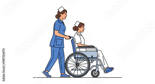 Vector illustration of a nurse pushing a patient in a wheelchair, promoting healthcare and assistance, suitable for medical and caregiving contexts