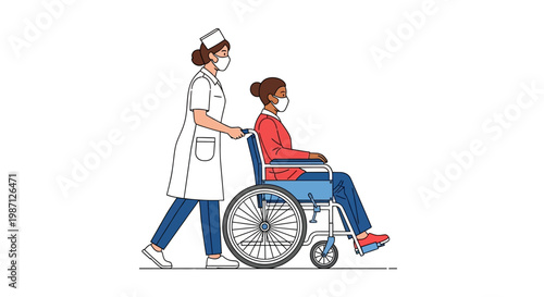 Vector illustration of a nurse pushing a patient in a wheelchair, healthcare, medical assistance, and patient care