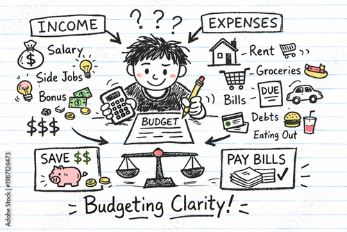 Clarity doodle income style person budgeting concept icon organizing vector naive