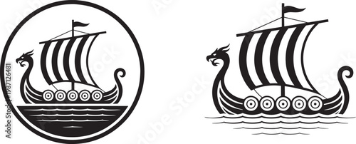 Viking longship emblem black silhouette showing traditional norse sailing vessel with dragon head bow