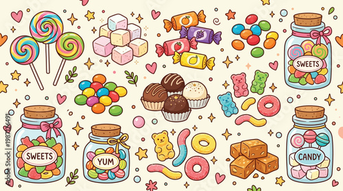 A vibrant and whimsical collection of assorted candies, lollipops, gummy bears, and chocolates displayed in jars and scattered across a light-colored background with sparkling stars and hearts.