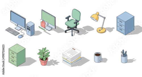 Isometric office scene illustration featuring essential office supplies and computer equipment