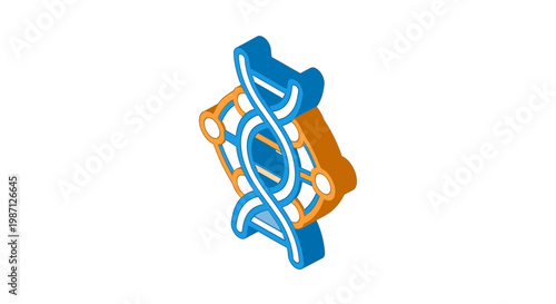 Isometric representation of DNA helix structure in vibrant blue and orange hues against white