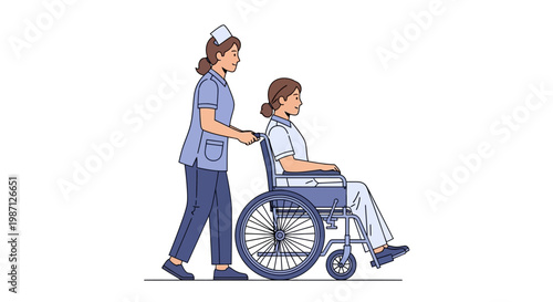 Vector illustration depicting a professional nurse assisting a patient in a wheelchair, providing essential mobility support and compassionate healthcare services
