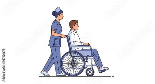 Vector illustration of a nurse in uniform pushing a male patient sitting in a wheelchair, healthcare assistance and support concept