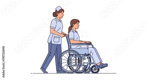 Vector Illustration of a Nurse Pushing a Patient in a Wheelchair, Offering Care and Assistance with Mobility and Healthcare Services