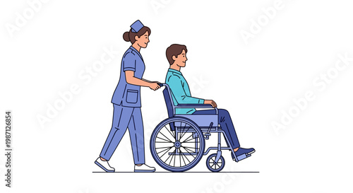 Professional healthcare assistance Vector illustration depicting a caring nurse pushing a male patient in a wheelchair, symbolizing support and mobility for individuals