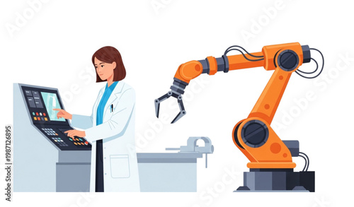 Female engineer with robot arm flat vector illustration STEM robotics technology concept