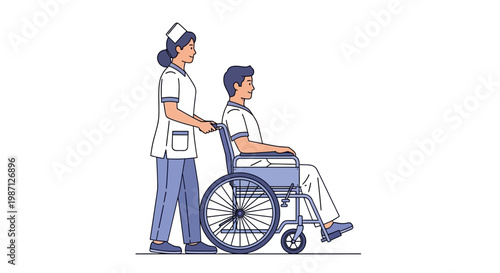 Vector illustration depicting a caring nurse pushing a male patient in a wheelchair, symbolizing essential healthcare support and dedicated medical assistance within a facility