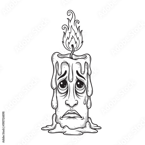 Melting Candle with Sorrowful Human Face Dripping Wax — Emotional Gothic Surreal Ink Illustration