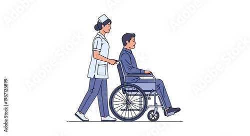 Professional healthcare vector illustration featuring a nurse assisting a male patient in a wheelchair, emphasizing medical support, recovery, and compassionate care in a clinic or hospital setting