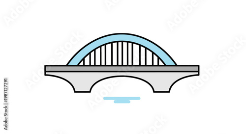 A simple illustration of a gray arch bridge with blue accents on a white background.