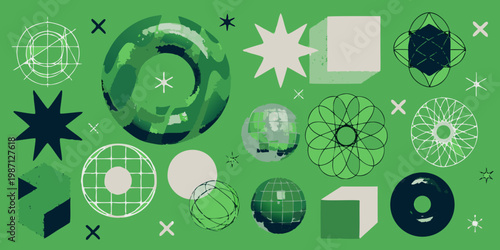 Abstract geometric shapes in varying shades of green on a green background