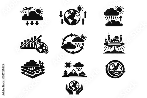 Vector depicting atmospheric geoengineering engineering icon generation image climate arrows set control