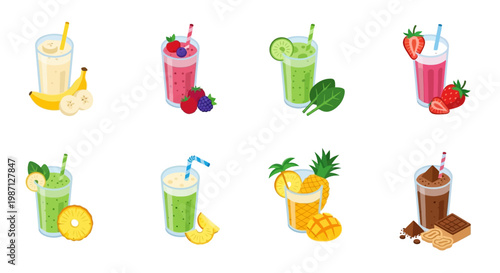 Illustrated depiction of various smoothie recipes and fruit beverage illustrations for health and
