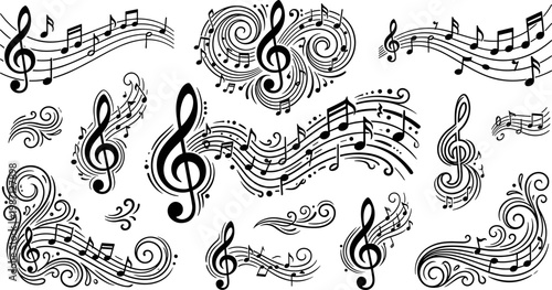 decorative musical notes and treble clef swirling staff elements collection, melody music notation symbols isolated on transparent background