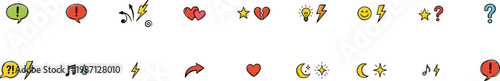 comic style doodle stickers set with speech bubbles emoji lightning hearts stars question and idea symbols isolated on transparent background