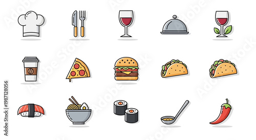 Illustrated Icons Depicting Culinary Components and Foodstuffs for Digital Use