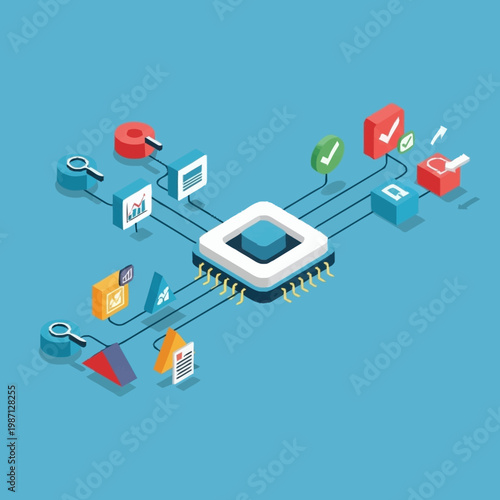 Infographic illustration of data processing and analysis.