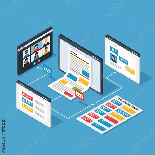 a group of computer monitors and laptops connected to each other.