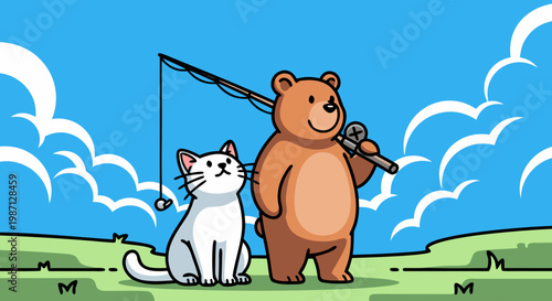 Charming cartoon illustration of a bear and cat with a fishing rod against a backdrop of a clear blue sky and fluffy clouds, perfect for whimsical designs