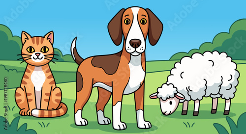 Cute Cat, Dog, and Sheep Standing Together in a Grassy Field, Cartoon Illustration
