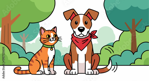 Cute Cat and Dog Friends Posing Together in a Park