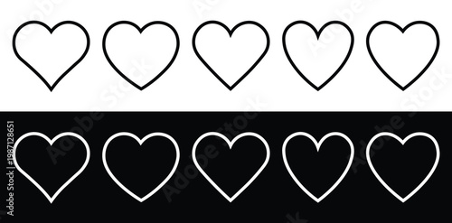 Heart Outline Icon Set in Rows – Minimalist Love, Rating and Favorite Symbols for UI Design, Feedback Systems, Social Media and Valentine’s Day Graphic Elements.