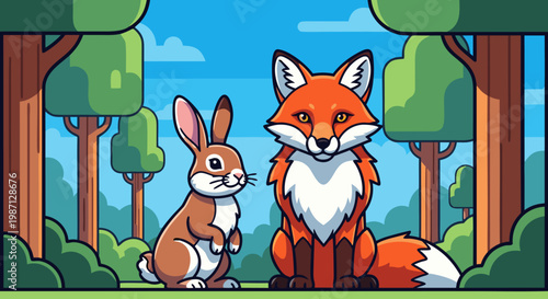 A charming illustration of a fox and a rabbit in a forest clearing with trees and a blue sky