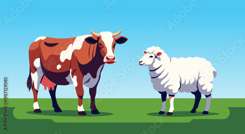 Farm Animals A Brown and White Cow and a White Sheep Standing Together in a Grassy Field