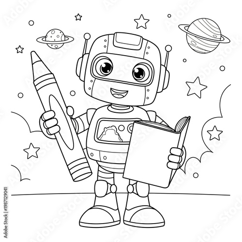 Cute Cartoon Robot Holding Crayon and Book Coloring Page for Kids