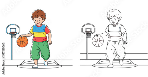 Cute cartoon boy playing basketball with colorful and black and white line art versions for kids coloring book page.