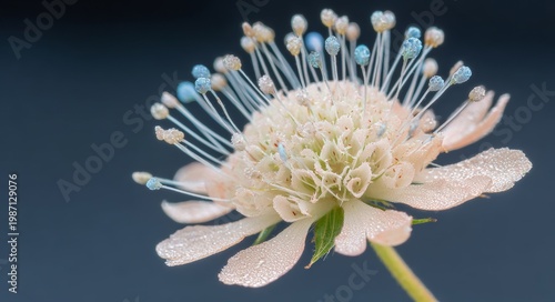 Orange blossom with a detailed stamen against a dark backdrop