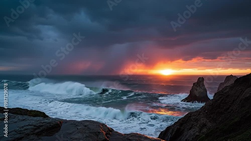 Stormy Seascape: A dramatic coastal scene unfolds as a tempestuous storm rages over the ocean. The turbulent waves crash against rugged cliffs, while the setting sun peeks through the dark clouds.