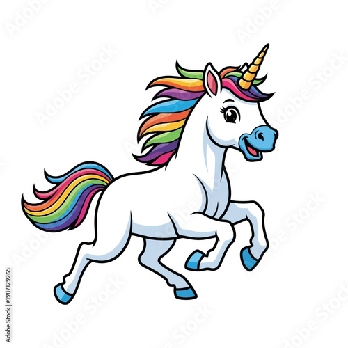 Cute Cartoon Unicorn Running with Rainbow Mane