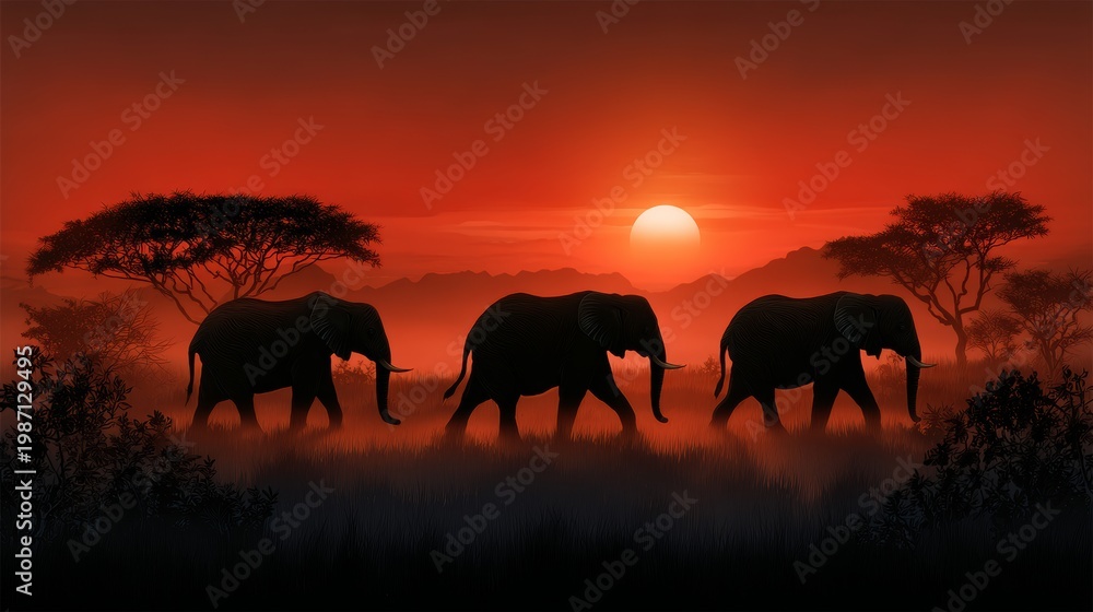 Fototapeta premium Three elephants stride through tall grass as the sun sets over a savanna dotted with trees