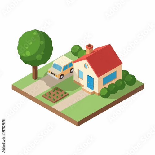 Isometric illustration of a house with a car.