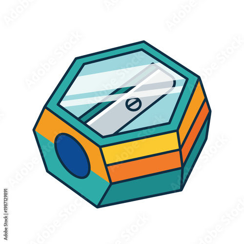 A vibrant and stylish hexagon-shaped pencil sharpener featuring a transparent container, exemplifying innovative design and playful aesthetics in stationery.