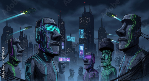 Moai heads in a futuristic city with neon lights and flying saucers