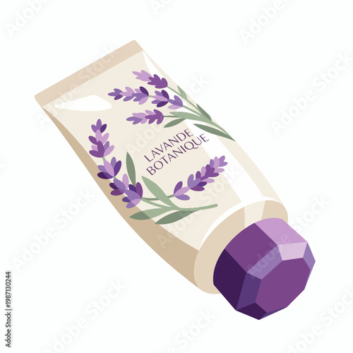A stylishly designed tube of lavender botanical cream, showcasing the soothing properties of lavender and the beauty of natural skincare products.