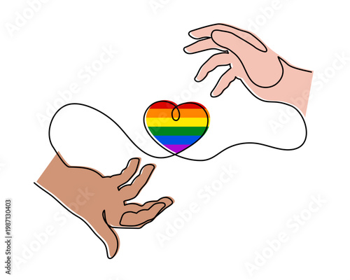 Hand with LGBT heart flag rainbow one line art, hand drawn pride month decoration continuous contour. People's rights diversity equality identity outline design. Editable stroke. Isolated. Vector 