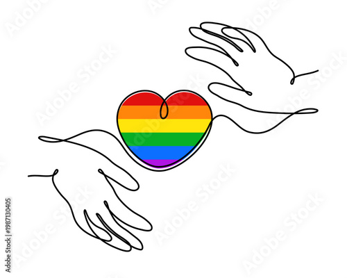 Hand with LGBT heart flag rainbow one line art, hand drawn pride month decoration continuous contour. People's rights diversity equality identity outline design. Editable stroke. Isolated. Vector 