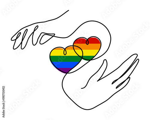 Hand with LGBT heart flag rainbow one line art, hand drawn pride month decoration continuous contour. People's rights diversity equality identity outline design. Editable stroke. Isolated. Vector 