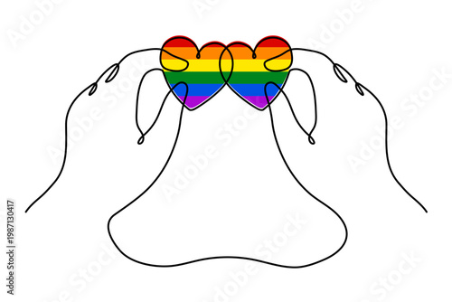 Hand with LGBT heart flag rainbow one line art, hand drawn pride month decoration continuous contour. People's rights diversity equality identity outline design. Editable stroke. Isolated. Vector 