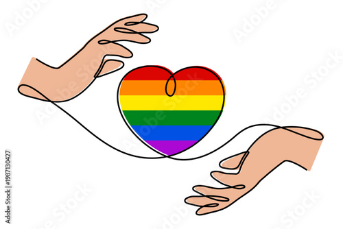 Hand with LGBT heart flag rainbow one line art, hand drawn pride month decoration continuous contour. People's rights diversity equality identity outline design. Editable stroke. Isolated. Vector 