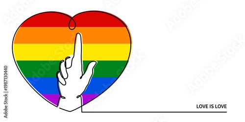 Hand with LGBT heart flag rainbow one line art, hand drawn pride month decoration continuous contour. People's rights diversity equality identity outline design. Editable stroke. Isolated. Vector 