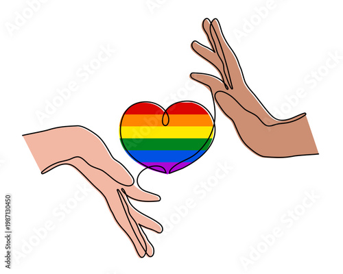 Hand with LGBT heart flag rainbow one line art, hand drawn pride month decoration continuous contour. People's rights diversity equality identity outline design. Editable stroke. Isolated. Vector 