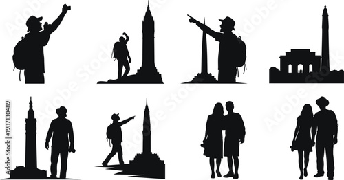 Tourist and couple silhouettes exploring famous city landmarks, taking photos, pointing directions and walking together, travel lifestyle and sightseeing concept isolated on white background
