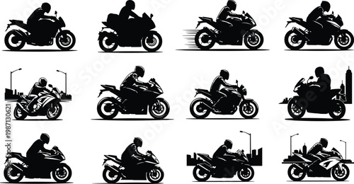 Motorcycle rider silhouettes collection showing sport bike racing, urban street riding and speed motion poses, biker lifestyle concept, black vector illustration isolated on white background